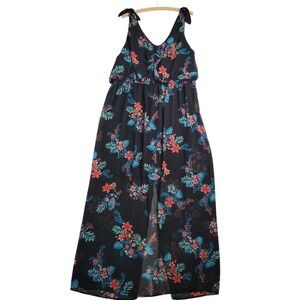 As U Wish Tropical Floral Maxi Dress Womens Sz 2X Black Tie Accent Flowy Beachy